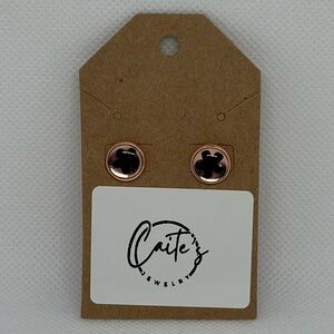 Handmade Rose Gold Stud Earrings with Black Flowers